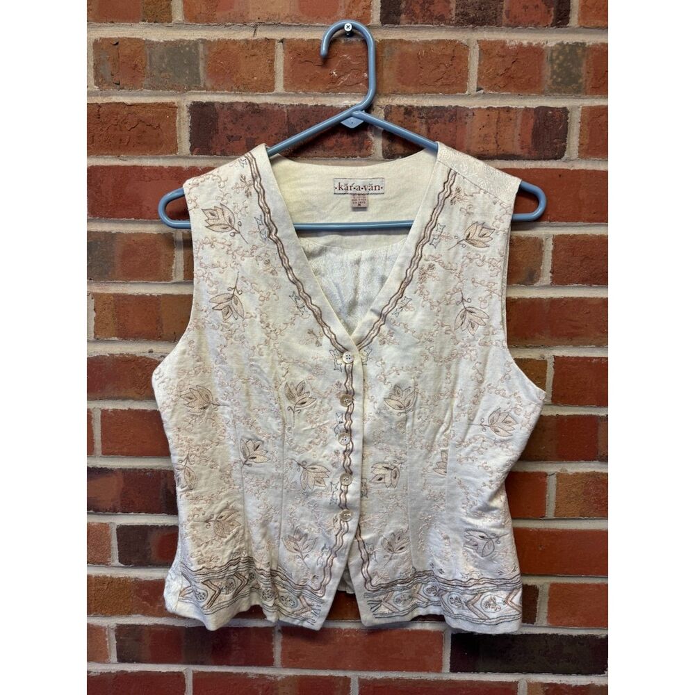 Karavan Embroidered Linen Blend Vest Boho Cottagecore M